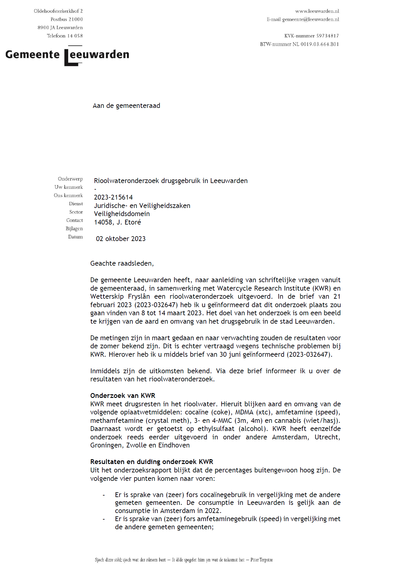 Informerende brief aan de raad rioolwateronderzoek drugsgebruik Leeuwarden 02 10 2023 1