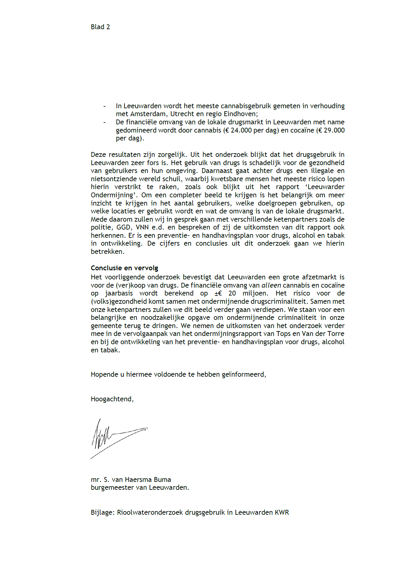Informerende brief aan de raad rioolwateronderzoek drugsgebruik Leeuwarden 02 10 2023 2
