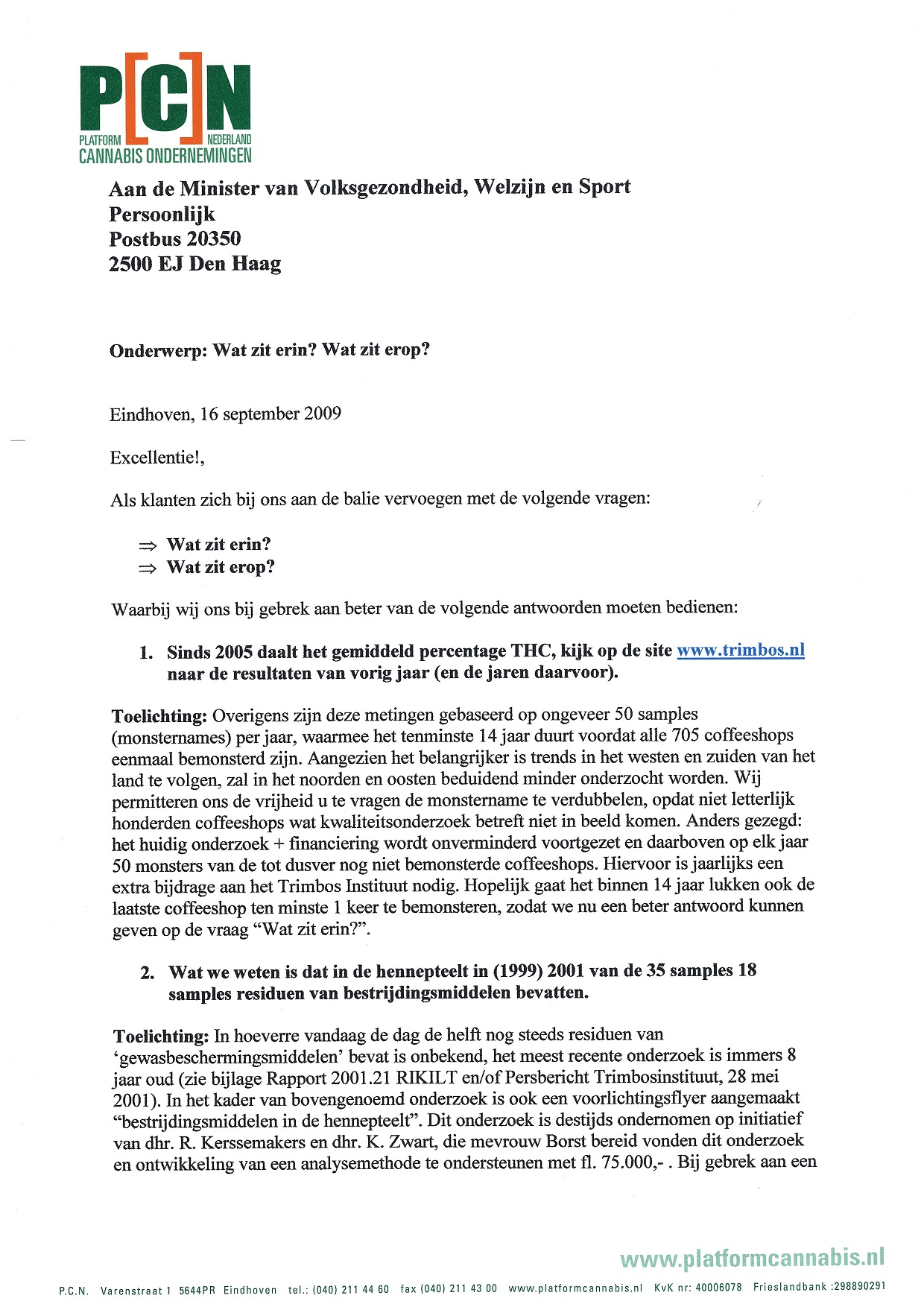 brief PCN aan Minister van Volksgezondheid 16 09 2009 pag. 1