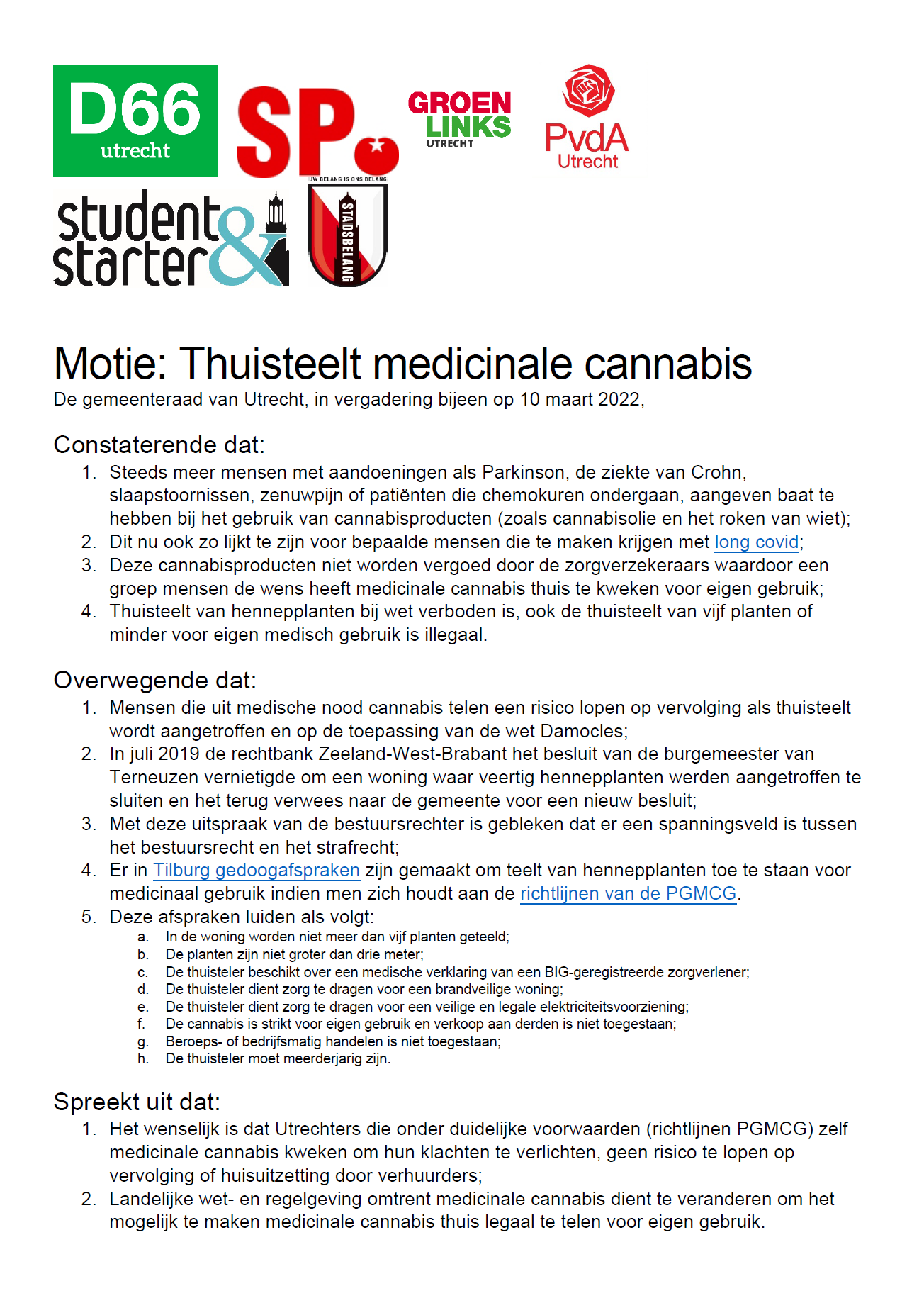 Utrecht motie thuisteelt medicinale cannabis 10 03 2022