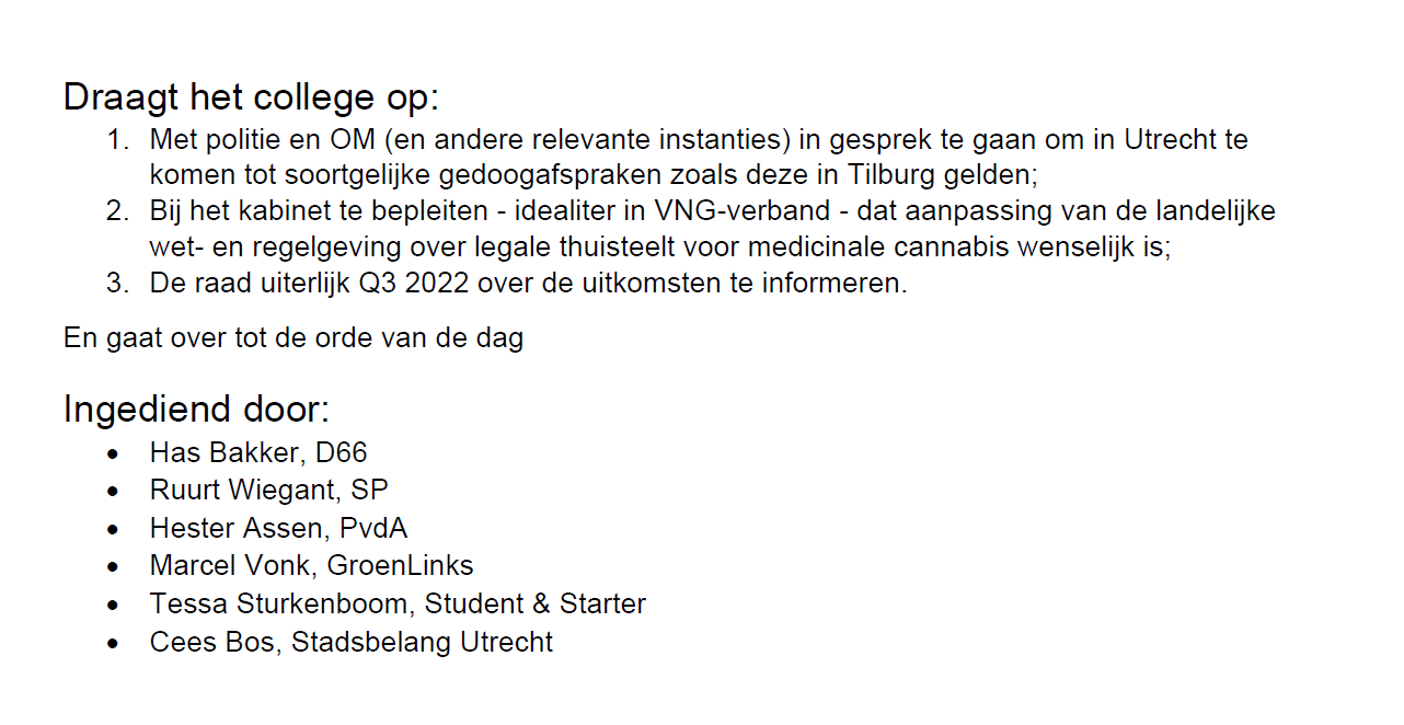 Utrecht motie thuisteelt medicinale cannabis 10 03 2022 2 ingekort